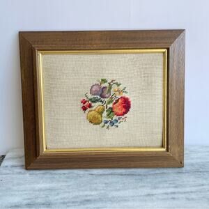 Vintage | Handcrafted Needlepoint Crewel Embroidery 1970s Boho Fruit Art Artisan